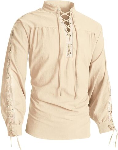 قميص رجالي من القطن والكتان من العصور الوسطى بأكمام طويلة وعصر النهضة الفايكنج القراصنة قميص قوطي برباط علوي ريترو in Kuwait