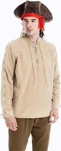 قميص رجالي من القطن والكتان من العصور الوسطى بأكمام طويلة وعصر النهضة الفايكنج القراصنة قميص قوطي برباط علوي ريترو in Kuwait