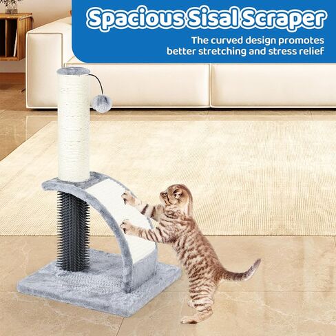 Tall Cat Scratching Post with Groomer, 19.6" Scratching Post with Wood Frame, Stable Sisal Cat Post with Extra Interactive Dangling Plush Toy,Protect Furniture in Saudi Arabia