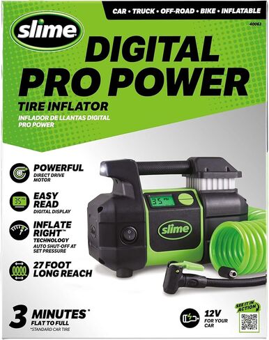 Slime 40031 Tire Inflator, Portable Car, SUV, 4x4 Air Compressor, Pro Power, Heavy Duty, with Analog 150 psi Dial Gauge, Long Hose and LED Light, 12V, 3 min inflation in Kuwait