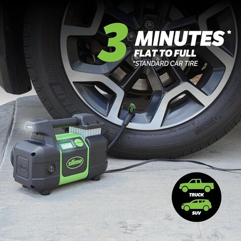 Slime 40031 Tire Inflator, Portable Car, SUV, 4x4 Air Compressor, Pro Power, Heavy Duty, with Analog 150 psi Dial Gauge, Long Hose and LED Light, 12V, 3 min inflation in Kuwait