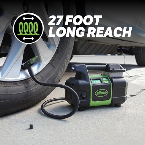 Slime 40031 Tire Inflator, Portable Car, SUV, 4x4 Air Compressor, Pro Power, Heavy Duty, with Analog 150 psi Dial Gauge, Long Hose and LED Light, 12V, 3 min inflation in Kuwait