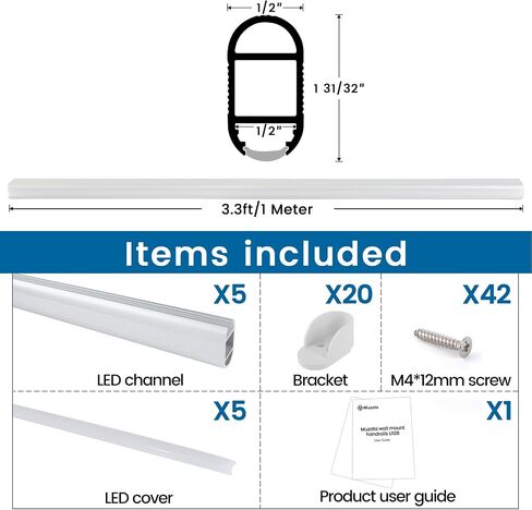 Muzata 5Pack 3.3ft/1Meter Silver LED Aluminum Channel Closet Hanging Rod for Bedroom Wardrobe U128 in Saudi Arabia