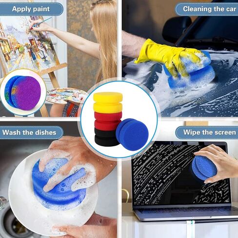 عبوة إسفنجة دائرية لشمع السيارة من Xrkuu، 3.15 × 1.93 بوصة، إسفنجات طلاء دائرية للفنان 4 قطع 4 ألوان مع حقيبة شبكية ذات شعاع أسود لإزالة الشعر بالشمع، والتنظيف، والفنون، والحرف اليدوية، والمطبخ - أزرق داكن، أصفر، أسود، أحمر in Kuwait