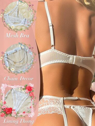 ssyyx Women’s Sexy Mesh Lingerie Chain Lingerie Set Floral Embroidery Bra and Panty Sets with Garter Belt 4 Pieces in Saudi Arabia