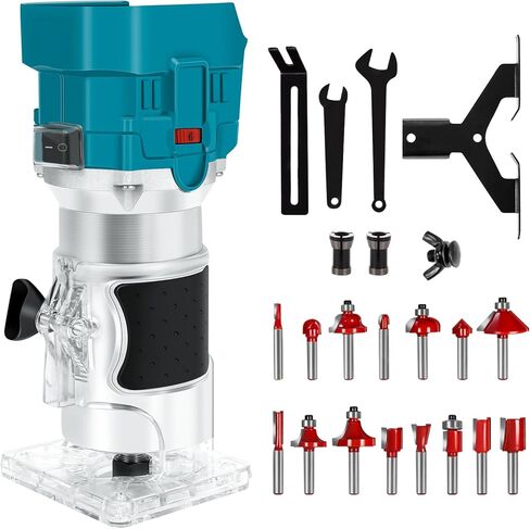 ماكينة تشذيب جهاز توجيه بدون فرشاة من ConBlom، جهاز توجيه كهربائي 18 فولت 30000 دورة في الدقيقة، جهاز توجيه حافة لاسلكي متوافق مع بطارية ماكيتا، مجموعة لقم توجيه 15 قطعة 1/4 بوصة (6.35 مم) (أداة فقط) in Kuwait