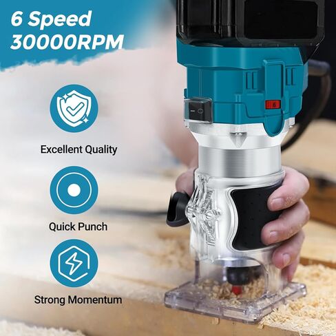 ماكينة تشذيب جهاز توجيه بدون فرشاة من ConBlom، جهاز توجيه كهربائي 18 فولت 30000 دورة في الدقيقة، جهاز توجيه حافة لاسلكي متوافق مع بطارية ماكيتا، مجموعة لقم توجيه 15 قطعة 1/4 بوصة (6.35 مم) (أداة فقط) in Kuwait