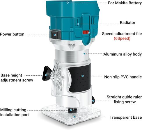 ماكينة تشذيب جهاز توجيه بدون فرشاة من ConBlom، جهاز توجيه كهربائي 18 فولت 30000 دورة في الدقيقة، جهاز توجيه حافة لاسلكي متوافق مع بطارية ماكيتا، مجموعة لقم توجيه 15 قطعة 1/4 بوصة (6.35 مم) (أداة فقط) in Kuwait