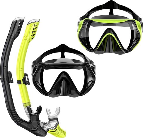 BuyCard عبوتان من معدات الغطس للبالغين، قناع الغطس الجاف، قناع الغطس، رؤية بانورامية واسعة 180 درجة، مجموعة الغطس الاحترافية للبالغين تتنفس بحرية (أسود وأصفر) in Kuwait