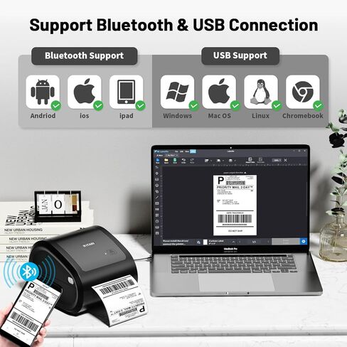 طابعة ملصقات شحن بلوتوث 4X6 - طابعة ملصقات حرارية لاسلكية لحزم الشحن والشركات الصغيرة - دعم طابعة ملصقات الشحن الحرارية مع الهاتف، متوافقة مع Etsy، Shopify، UPS in Kuwait