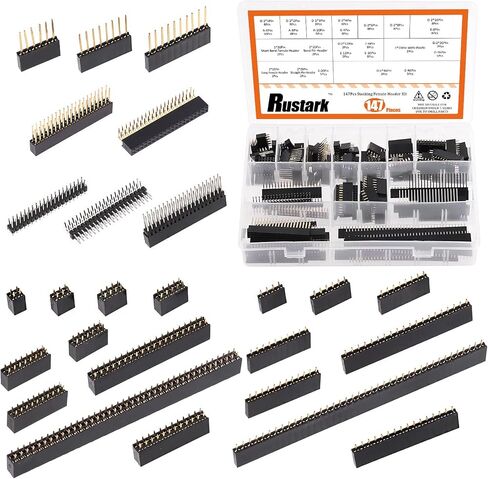 Rustark 147Pcs 2.54mm Double & Single Row Female Pin Headers Connectors Assortment Kit, Long and Short Needle Header Pin Stacking 2 x 20 Pin Straight 90 Degree Pin Header for Electronic Projects in Saudi Arabia