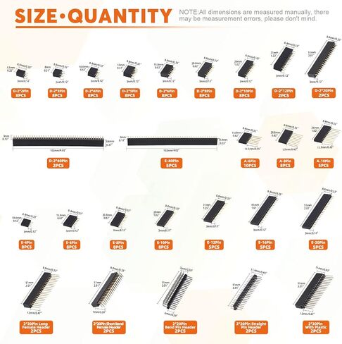 Rustark 147Pcs 2.54mm Double & Single Row Female Pin Headers Connectors Assortment Kit, Long and Short Needle Header Pin Stacking 2 x 20 Pin Straight 90 Degree Pin Header for Electronic Projects in Saudi Arabia