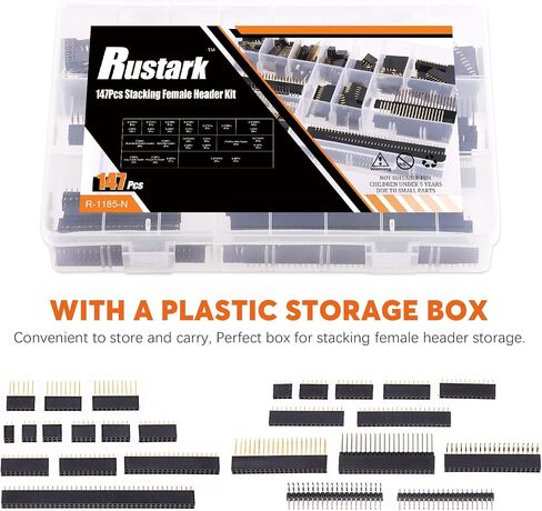 Rustark 147Pcs 2.54mm Double & Single Row Female Pin Headers Connectors Assortment Kit, Long and Short Needle Header Pin Stacking 2 x 20 Pin Straight 90 Degree Pin Header for Electronic Projects in Saudi Arabia
