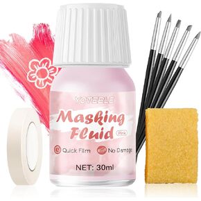 Masking Fluid for Watercolor Painting, Liquid Masking for Painting with 5 Silicone Pens & Masking Tape & Eraser, Easy Peel, Fast Drying Use to Ink, Gouache, Fine Arts & Crafts Supplies, Pink, 30ml in Kuwait