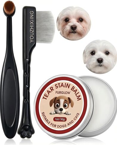3-in-1 Tear Stain Remover for Dogs & Cats - 1oz Natural Eye Balm with Pro Brush & Fine-Tooth Comb - Professional Eye Gunk & Crust Remover for Maltese, Shih Tzu, White Fur - Safe & Hypoallergenic in Saudi Arabia