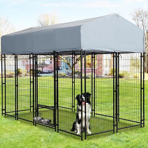 Outdoor Dog Kennel, 8x4x6 FT Heavy Duty Dog Enclosure with Waterproof Roof Cover & 2 Rotating Dog Bowls for Large Dogs, Welded Wire Steel Outside Dog Fence Dogs Exercise with Secure Lock in Saudi Arabia