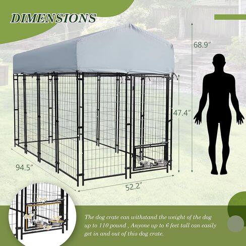 Outdoor Dog Kennel, 8x4x6 FT Heavy Duty Dog Enclosure with Waterproof Roof Cover & 2 Rotating Dog Bowls for Large Dogs, Welded Wire Steel Outside Dog Fence Dogs Exercise with Secure Lock in Saudi Arabia