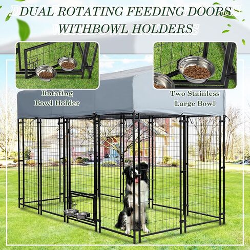 Outdoor Dog Kennel, 8x4x6 FT Heavy Duty Dog Enclosure with Waterproof Roof Cover & 2 Rotating Dog Bowls for Large Dogs, Welded Wire Steel Outside Dog Fence Dogs Exercise with Secure Lock in Saudi Arabia