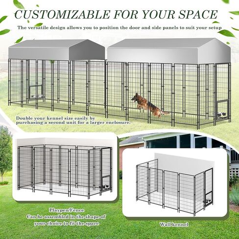 Outdoor Dog Kennel, 8x4x6 FT Heavy Duty Dog Enclosure with Waterproof Roof Cover & 2 Rotating Dog Bowls for Large Dogs, Welded Wire Steel Outside Dog Fence Dogs Exercise with Secure Lock in Saudi Arabia