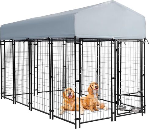 Outdoor Dog Kennel, 8x4x6 FT Heavy Duty Dog Enclosure with Waterproof Roof Cover & 2 Rotating Dog Bowls for Large Dogs, Welded Wire Steel Outside Dog Fence Dogs Exercise with Secure Lock in Saudi Arabia