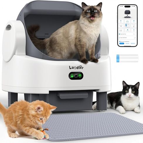Self Cleaning Litter Box, Multiple Smart Safety Sensor, Open Top Automatic Litter Box, Large Capacity Multiple Cats, with APP Control/1 Trash Bag/1 Litter Mat, Cat Litter Box Automatic Cleaning in Saudi Arabia