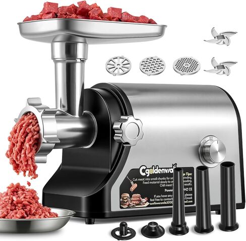 CGOLDENWALL Electric Meat Grinder & Sausage Stuffer, 480lbs/H Heavy Duty Meat Mincer with Speed Settings, 2 Stainless Steel Blades, 3 Grinding Plates, #10 Ideal for Deer Processing, Pet Food Grinding in Kuwait