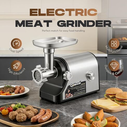 CGOLDENWALL Electric Meat Grinder & Sausage Stuffer, 480lbs/H Heavy Duty Meat Mincer with Speed Settings, 2 Stainless Steel Blades, 3 Grinding Plates, #10 Ideal for Deer Processing, Pet Food Grinding in Kuwait