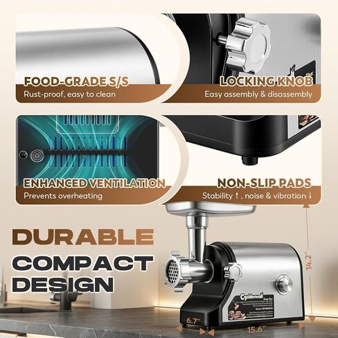 CGOLDENWALL Electric Meat Grinder & Sausage Stuffer, 480lbs/H Heavy Duty Meat Mincer with Speed Settings, 2 Stainless Steel Blades, 3 Grinding Plates, #10 Ideal for Deer Processing, Pet Food Grinding in Kuwait