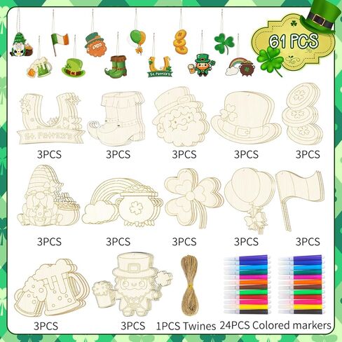 61pcs Color Your Own St. Patrick's Ornaments, Creative Hobbies DIY Irish Shamrock Leprechaun Tree Ornaments Coloring Arts Crafts for St. Patrick's Day Party Decorations Supplies in Kuwait