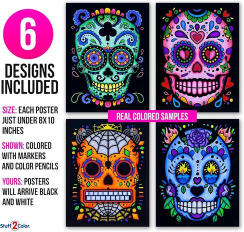 Stuff2Color Sugar Skulls Fuzzy Velvet Halloween Coloring Posters (Day of The Dead and Dia de Los Muertos) - 6 Pack - Great Halloween Arts and Craft Activity for Kids, Families, Teens and Adults in Saudi Arabia