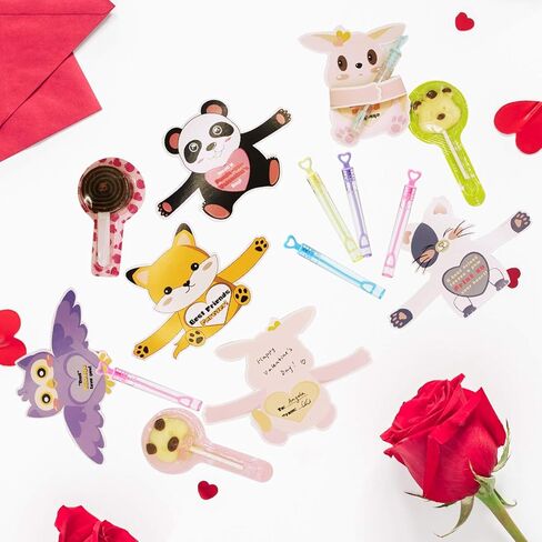ANYIDEA Valentines Day Cards for Kids Gifts - 32 Bubble Wands 32 Valentines Cards 80 Sticker Dots, Valentine's Day Party Favors, Animal Kids Vday Cards for School Valentines Classroom Exchange in Saudi Arabia