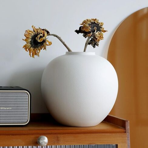 Extra Large White Ceramic Flower vase, Decorative Jar Oversize Modern Centerpiece Table Decorations,Round Shape Rustic Ceramic vases for Home Decor Dining Room (White, 9.4 * 9.4 * 9.1inch) in Saudi Arabia