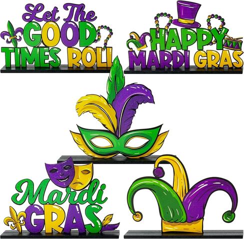 Haooryx Mardi Gras ديكورات خشبية مركزية - 5 قطع Mardi Gras Carnival تحت عنوان خشبي قابل للفصل للطاولة دع الأوقات الجيدة تتدحرج علامات الحروف لمستلزمات حفلات نيو أورليانز in Saudi Arabia