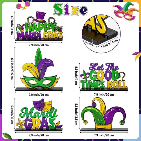 Haooryx Mardi Gras ديكورات خشبية مركزية - 5 قطع Mardi Gras Carnival تحت عنوان خشبي قابل للفصل للطاولة دع الأوقات الجيدة تتدحرج علامات الحروف لمستلزمات حفلات نيو أورليانز in Saudi Arabia