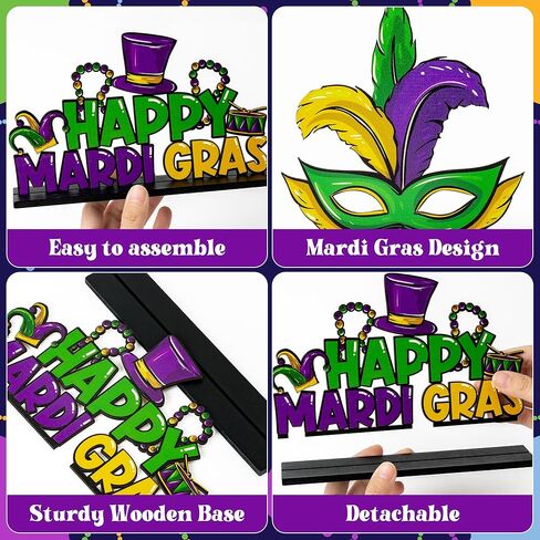 Haooryx Mardi Gras ديكورات خشبية مركزية - 5 قطع Mardi Gras Carnival تحت عنوان خشبي قابل للفصل للطاولة دع الأوقات الجيدة تتدحرج علامات الحروف لمستلزمات حفلات نيو أورليانز in Saudi Arabia