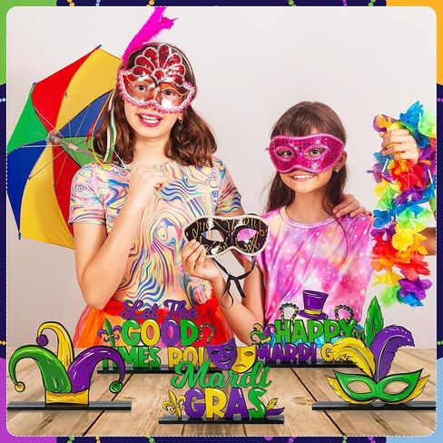 Haooryx Mardi Gras ديكورات خشبية مركزية - 5 قطع Mardi Gras Carnival تحت عنوان خشبي قابل للفصل للطاولة دع الأوقات الجيدة تتدحرج علامات الحروف لمستلزمات حفلات نيو أورليانز in Saudi Arabia