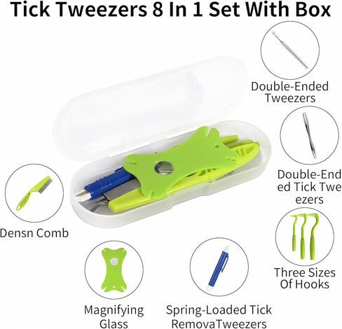 Tick Removal Tool 8 in 1 with Storage Box, Flea Comb, Magnifying Glass, Tick Tweezers, Dog Tick Remover Tool Tick Removal Kit Tick Removal Tool for Dogs Cats Pet Tick Comb in Saudi Arabia