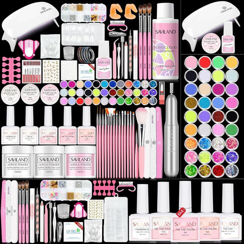 Saviland Acrylic Nail Kit with Drill and U V Light – Clear White Pink Acrylic Powder Acrylic Liquid Black Red White Gel Nail Polish Nail Tools Acrylic Nail Kit for Nail Art Acrylic Nails Gel Nails DIY in Saudi Arabia