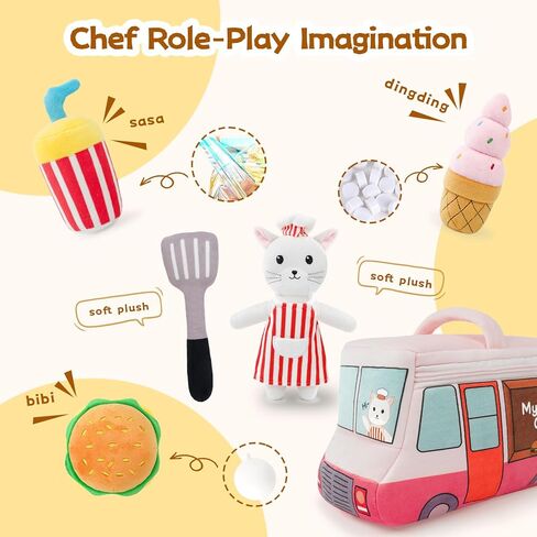 Stuffed Plush Chef Kit for Baby Toddler, 6-Piece My Little Playset, Sensory Pretend Play Toy with Food Truck/Cat Chef/Spatula, Boy Girl Infant Newborn Gifts in Saudi Arabia