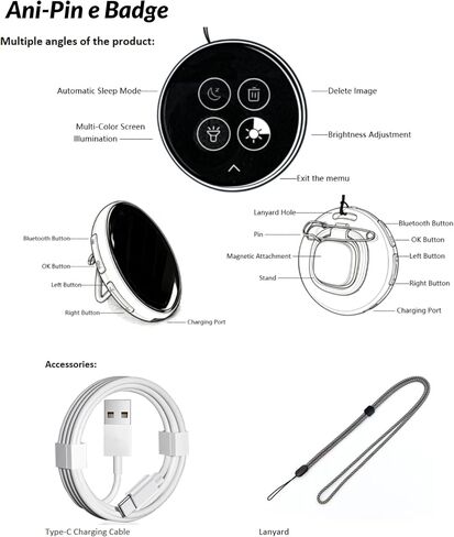 Chamii Ani-Pin, Digital Display e Pin/Botton/Badge with audio, Electronic Button with LED Screen, Customizable Anime Style Badge, Dynamic Touch Screen, Christmas/Cosplay/Concert for anime fans and fanbase. in Saudi Arabia
