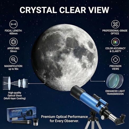 Telescope for Kids 8–12, Beginner Kids Telescope 50mm Aperture with Tripod, 2 Eyepieces & Finder Scope, 100x Magnification, STEM Educational Gift for Boys & Girls, Blue in Saudi Arabia