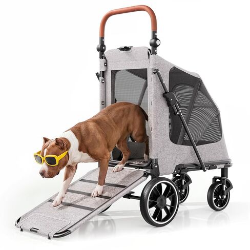 Magshion Heavy-Duty Dog Stroller for Large Dogs, Up to 100 lbs, with Ramp & Adjustable Handle, Dual Entry, Breathable Mesh, One-Step Brake, Storage Pocket for Senior Pets, Gray in Kuwait