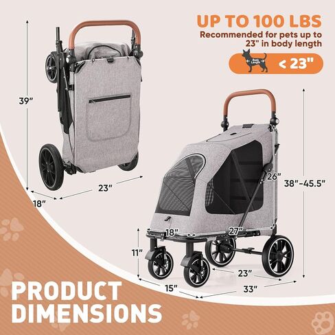 Magshion Heavy-Duty Dog Stroller for Large Dogs, Up to 100 lbs, with Ramp & Adjustable Handle, Dual Entry, Breathable Mesh, One-Step Brake, Storage Pocket for Senior Pets, Gray in Kuwait