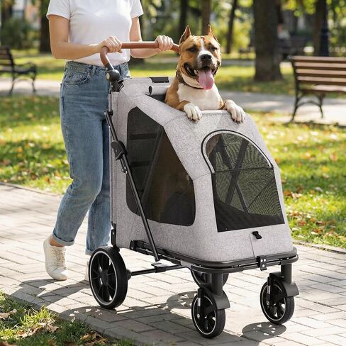 Magshion Heavy-Duty Dog Stroller for Large Dogs, Up to 100 lbs, with Ramp & Adjustable Handle, Dual Entry, Breathable Mesh, One-Step Brake, Storage Pocket for Senior Pets, Gray in Kuwait