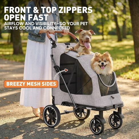 Magshion Heavy-Duty Dog Stroller for Large Dogs, Up to 100 lbs, with Ramp & Adjustable Handle, Dual Entry, Breathable Mesh, One-Step Brake, Storage Pocket for Senior Pets, Gray in Kuwait