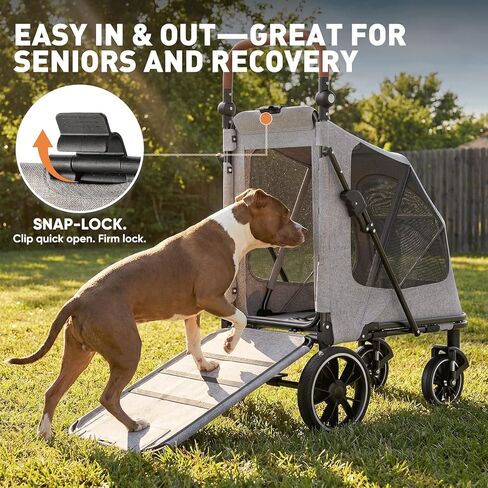 Magshion Heavy-Duty Dog Stroller for Large Dogs, Up to 100 lbs, with Ramp & Adjustable Handle, Dual Entry, Breathable Mesh, One-Step Brake, Storage Pocket for Senior Pets, Gray in Kuwait