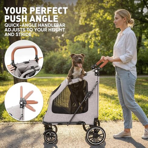 Magshion Heavy-Duty Dog Stroller for Large Dogs, Up to 100 lbs, with Ramp & Adjustable Handle, Dual Entry, Breathable Mesh, One-Step Brake, Storage Pocket for Senior Pets, Gray in Kuwait