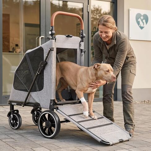 Magshion Heavy-Duty Dog Stroller for Large Dogs, Up to 100 lbs, with Ramp & Adjustable Handle, Dual Entry, Breathable Mesh, One-Step Brake, Storage Pocket for Senior Pets, Gray in Kuwait