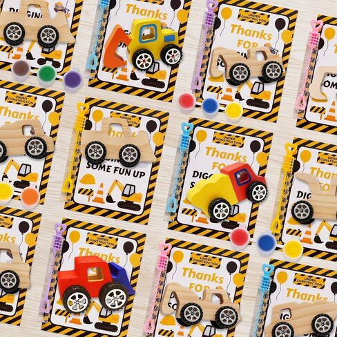 12 PCS Construction Party Favors & DIY Craft Kit - Unfinished Wooden Truck Painting Set with Bubble Wands, Paints, Brushes & Cards - Birthday Party Favors for Kids, Boys & Girls, Classroom Rewards in Saudi Arabia
