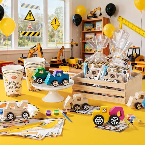 12 PCS Construction Party Favors & DIY Craft Kit - Unfinished Wooden Truck Painting Set with Bubble Wands, Paints, Brushes & Cards - Birthday Party Favors for Kids, Boys & Girls, Classroom Rewards in Saudi Arabia